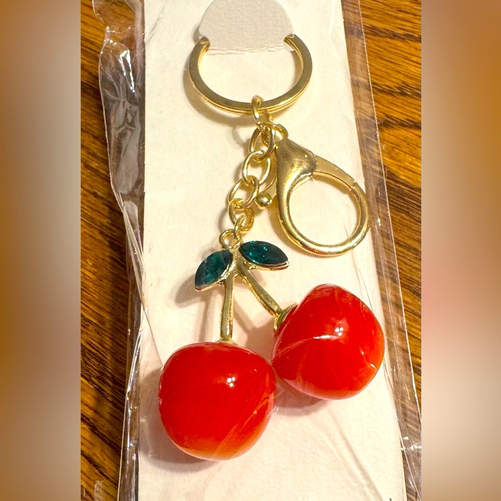 Cherry Bag Charm Keychain with Gold Accents